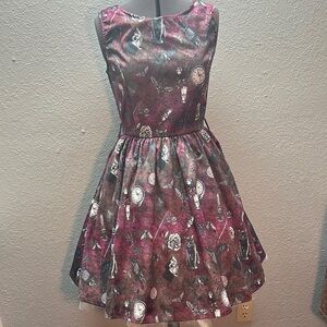 LINDY BOP Audrina Gothic Print Dress Clocks Skull Spider Moth Rose US 8